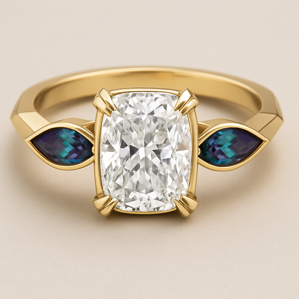 2 carat elongated cushion cut diamond engagement ring with double claw prongs in yellow gold ring with marquise shaped alexandrite side stones