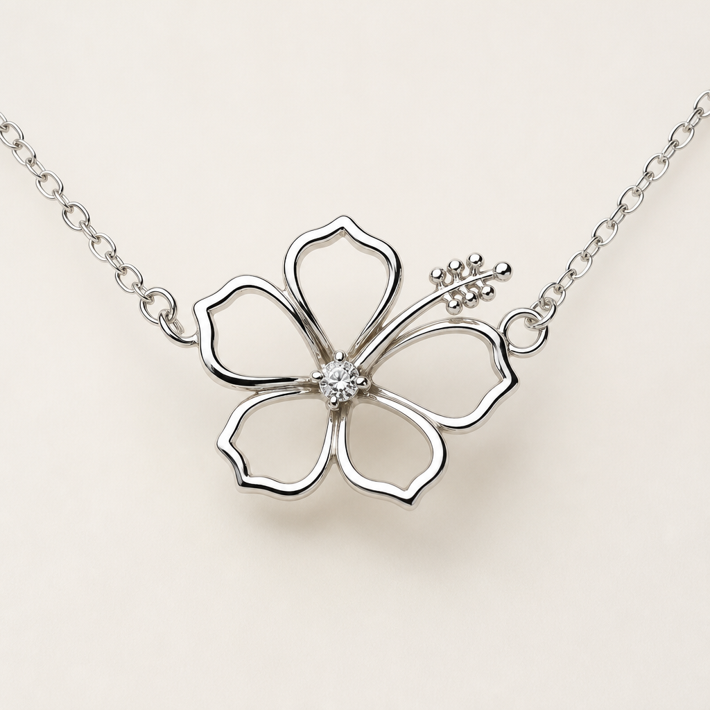 A women's necklace made of silver. hibicus vu de coté ligne fine et delicat ,diamand dans le milieu, interieur de la fleur vide, plus detail, 5 petales chaine de chaque coté, exotique style qui fait pensé à hawaî
photorealistic jewelry design, A women's necklace made of silver. hibicus vu de coté ligne fine et delicat ,diamand dans le milieu, interieur de la fleur vide, plus detail, 5 petales chaine de chaque coté, exotique style qui fait pensé à hawaî, modern style, just the design no text