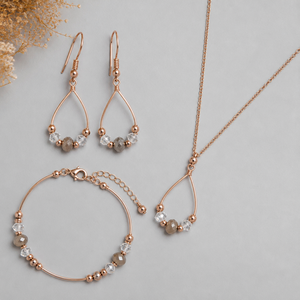 A classic women's earrings made of copper suitable for daily wear, minimalist, simple and delicate, clean lines. made from wire, seed beads and crystal beads a set of earrings with matching bracelet and necklace
photorealistic jewelry design, A classic women's earrings made of copper suitable for daily wear, minimalist, simple and delicate, clean lines. made from wire, seed beads and crystal beads a set of earrings with matching bracelet and necklace, classic style, just the design no text