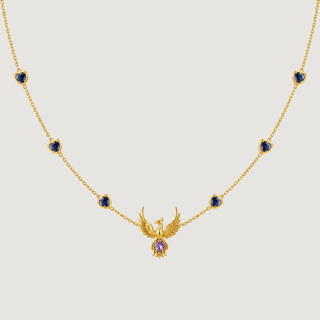 A minimalist women's necklace made of gold with amethyst and sapphire stones suitable for daily wear. um colar com fio dourado, ouro, robusto, com 7 corações espaçados entre si 0,05mm com pedra azul sapphire. no centro uma fenix segurando uma pedra pequena amethyst um colar smples, elegante, sofesticado e discreto para usar no dia a dia com charme e poder
photorealistic jewelry design, A minimalist women's necklace made of gold with amethyst and sapphire stones suitable for daily wear. um colar com fio dourado, ouro, robusto, com 7 corações espaçados entre si 0,05mm com pedra azul sapphire. no centro uma fenix segurando uma pedra pequena amethyst um colar smples, elegante, sofesticado e discreto para usar no dia a dia com charme e poder, minimalist style, just the design no text