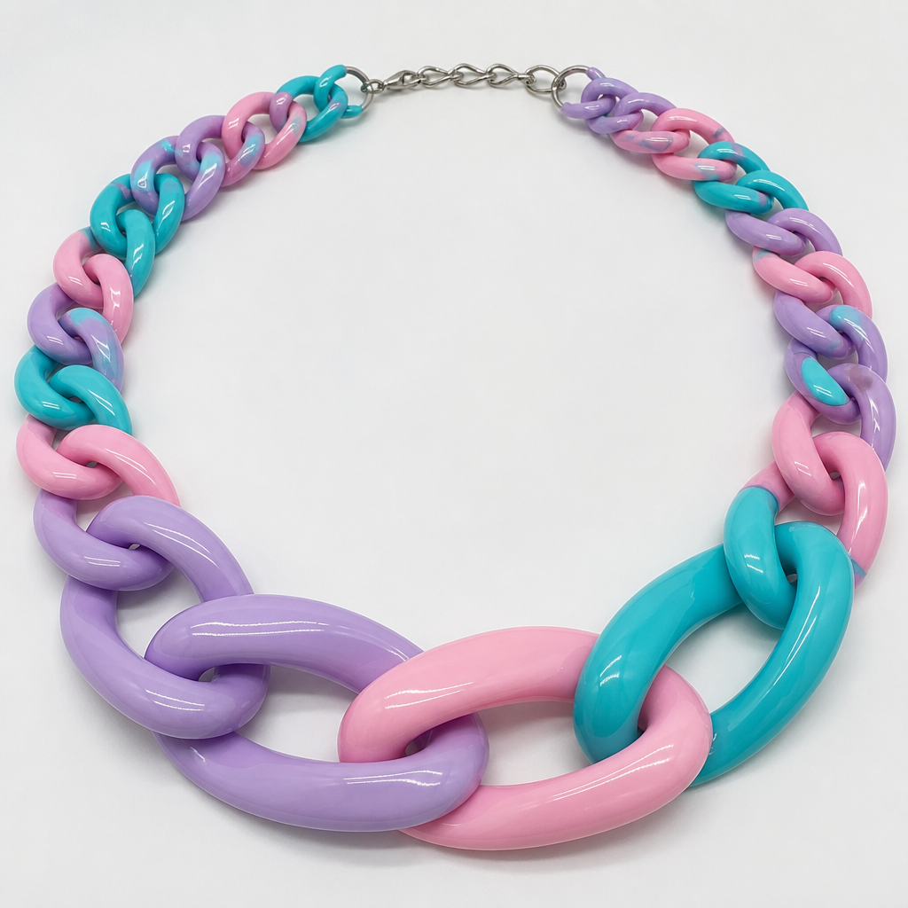 A women's necklace. create a chunky Cuban links style plastic necklace that is graduated and exaggerated in the first three links.colors: alternating lavender, pink, and teal
photorealistic jewelry design, A women's necklace. create a chunky Cuban links style plastic necklace that is graduated and exaggerated in the first three links.colors: alternating lavender, pink, and teal, modern style, just the design no text