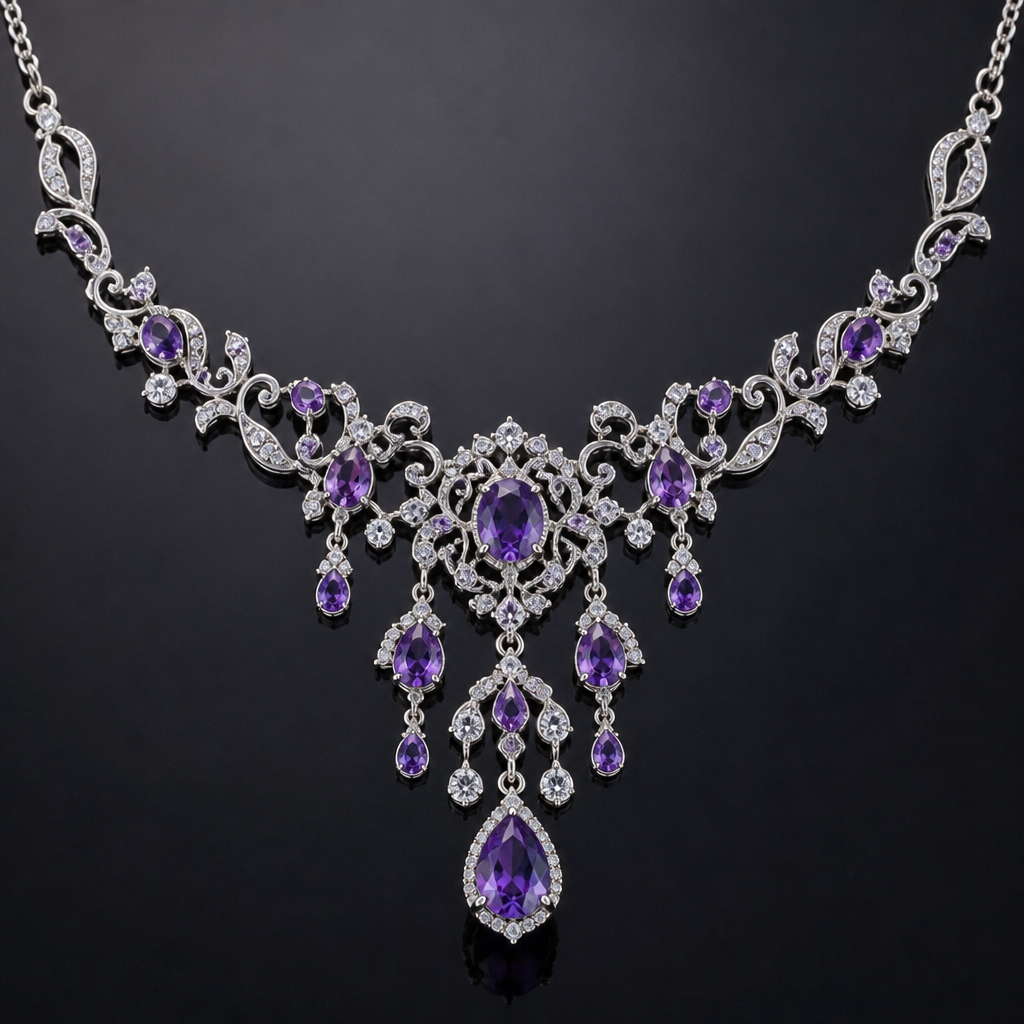 A chandelier women's necklace made of white gold with amethyst and diamond stones suitable for daily wear, highly ornate, intricate and elaborate, richly detailed. delicado y sencillo
photorealistic jewelry design, A chandelier women's necklace made of white gold with amethyst and diamond stones suitable for daily wear, highly ornate, intricate and elaborate, richly detailed. delicado y sencillo, chandelier style, just the design no text