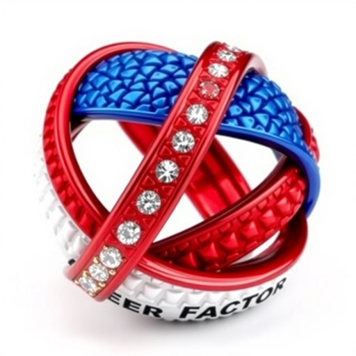 Red white and blue medal ring that says cheer factor