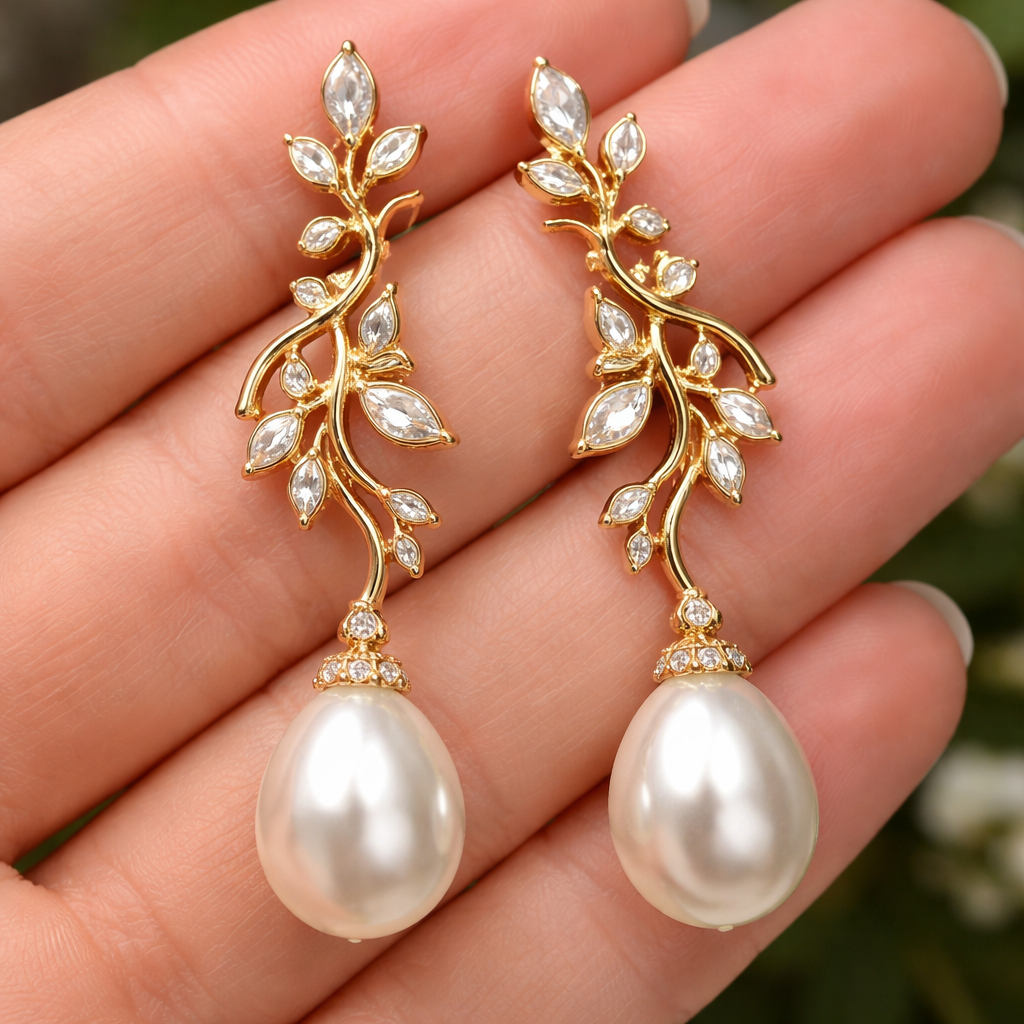 Gold pearl drop earrings with an olive branch and vine design and small white diamonds