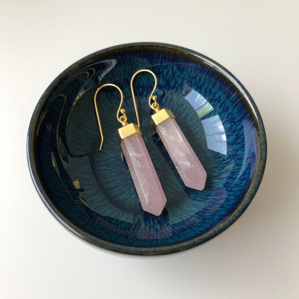 Серьги матовое золото с эффектом неровности Необработанный бледно розовый кварц в виде длинного кристалла