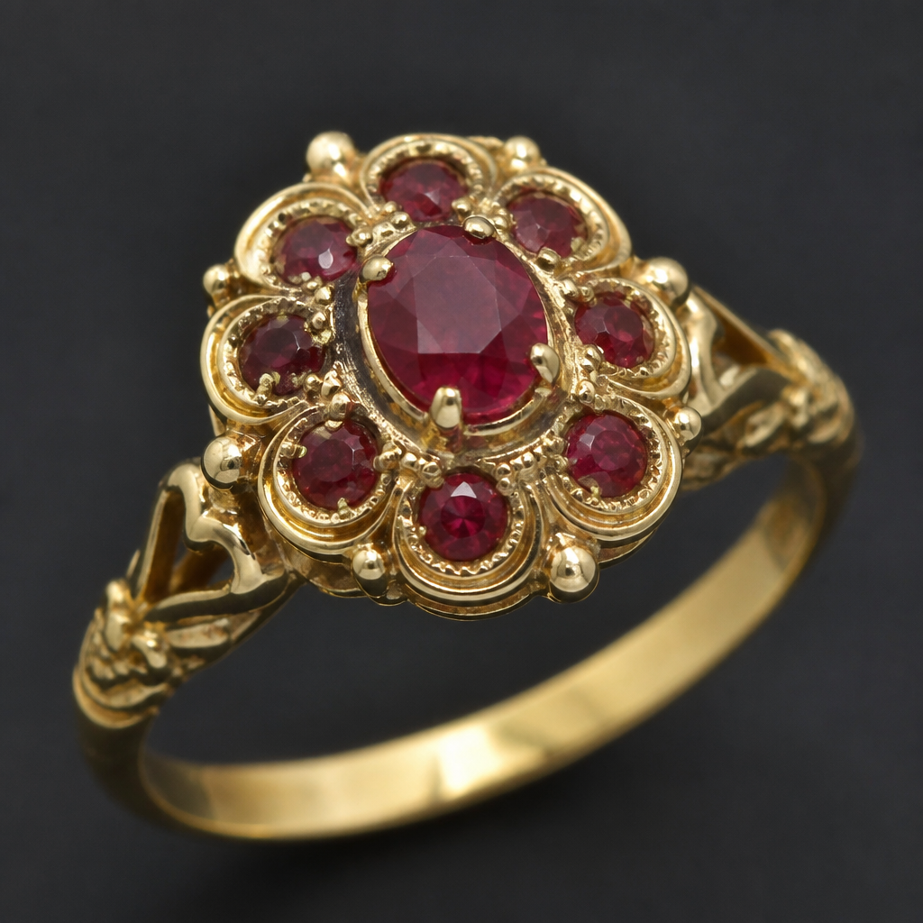 A vintage women's ring made of gold with ruby stones
