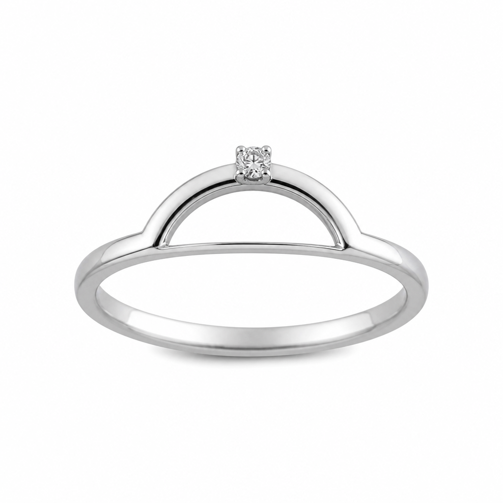 A minimalist women's ring made of silver with diamond stones. inspiration cancer du sein, anneau avec demi rond simple de taille moyenne, avec petit diamant sur le dessus du demi cercle
photorealistic jewelry design, A minimalist women's ring made of silver with diamond stones. inspiration cancer du sein, anneau avec demi rond simple de taille moyenne, avec petit diamant sur le dessus du demi cercle, minimalist style, just the design no text