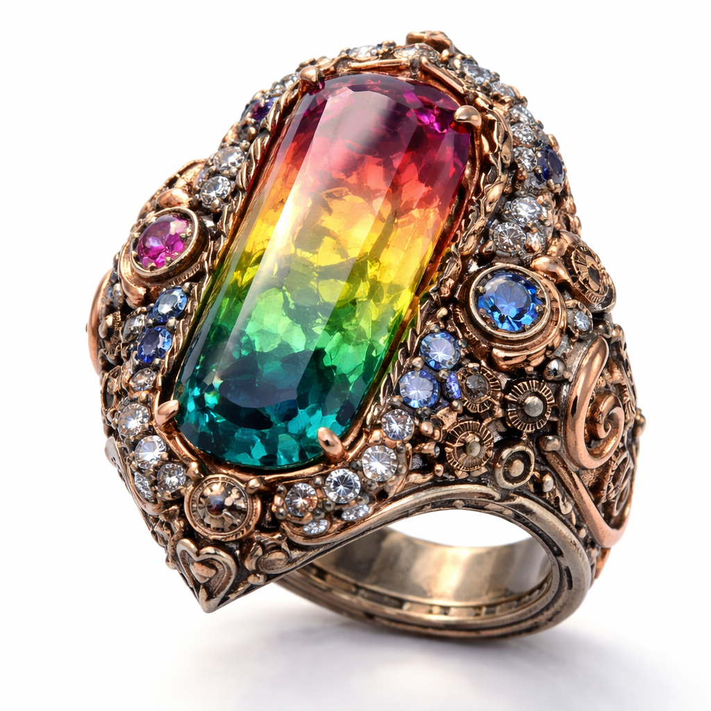 I would like a rainbow Turmaline with diamonds and sapphires on the side
I would like a rainbow Turmaline with diamonds and sapphires on the side, steampunk style