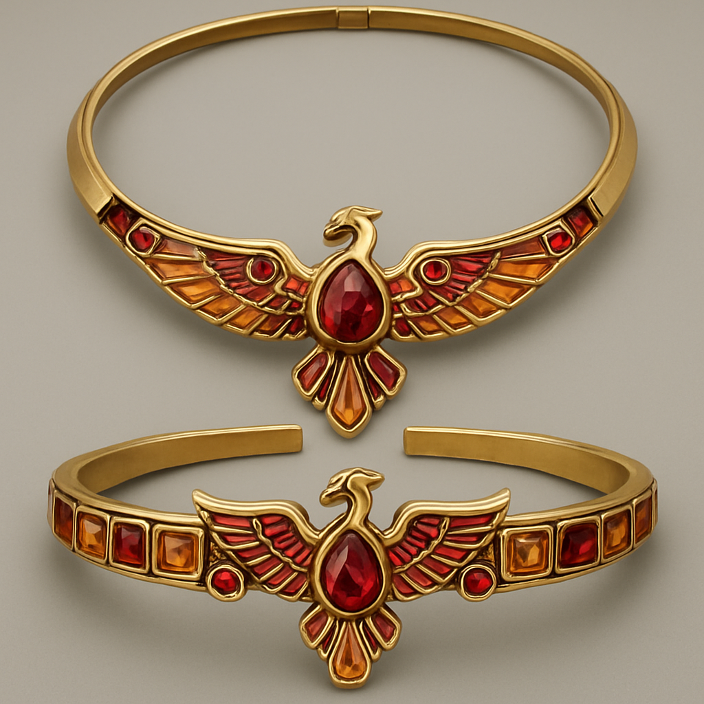 A full Ruby jewelry set including bracelet with at least 10 citrine and topaz inlays with phoenix themes and an omega necklace