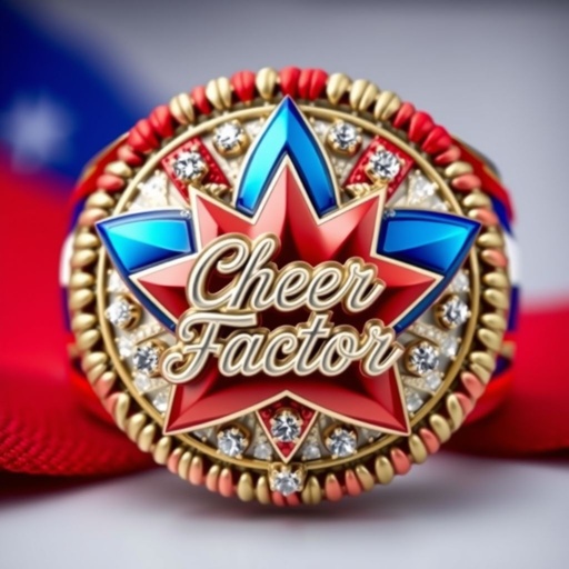Red white and blue medal ring that says cheer factor