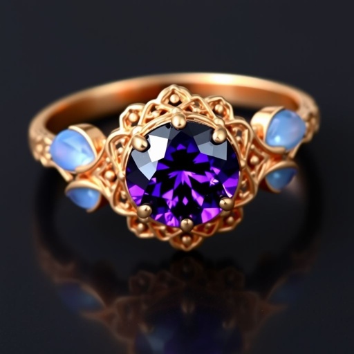 A simple, three stone 18 karat rose gold engagement ring set with a circular purple alexandrite. Also set with a small half moon cut blue chalcedony on one side right next to it, and a small half moon cut moonstone set on the other side right next to it. On the inside of the band, it has an inscription reading, “Tuum. Et in hac vita et in altera.”