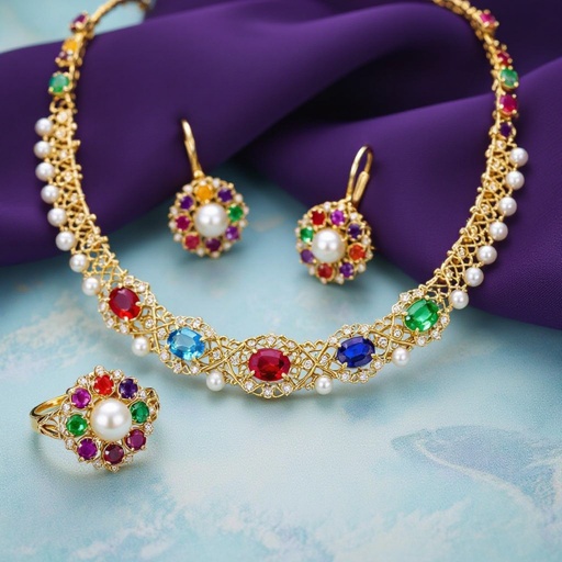 Necklace and ring and earring with luxury colorful jewel with gold