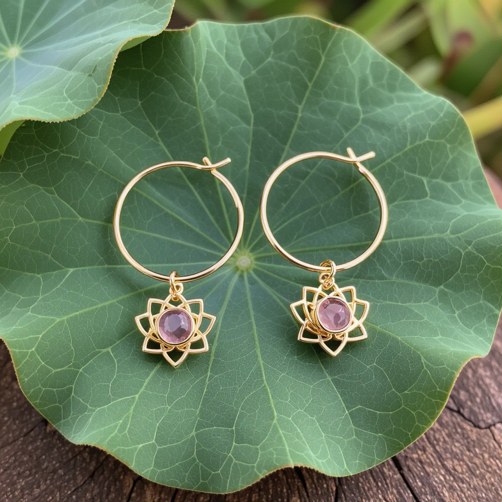 Серьги небольшие кольца,на серьгах висит в виде золотого лотоса шестью лепестками с маленьким розовым кварцем по центру