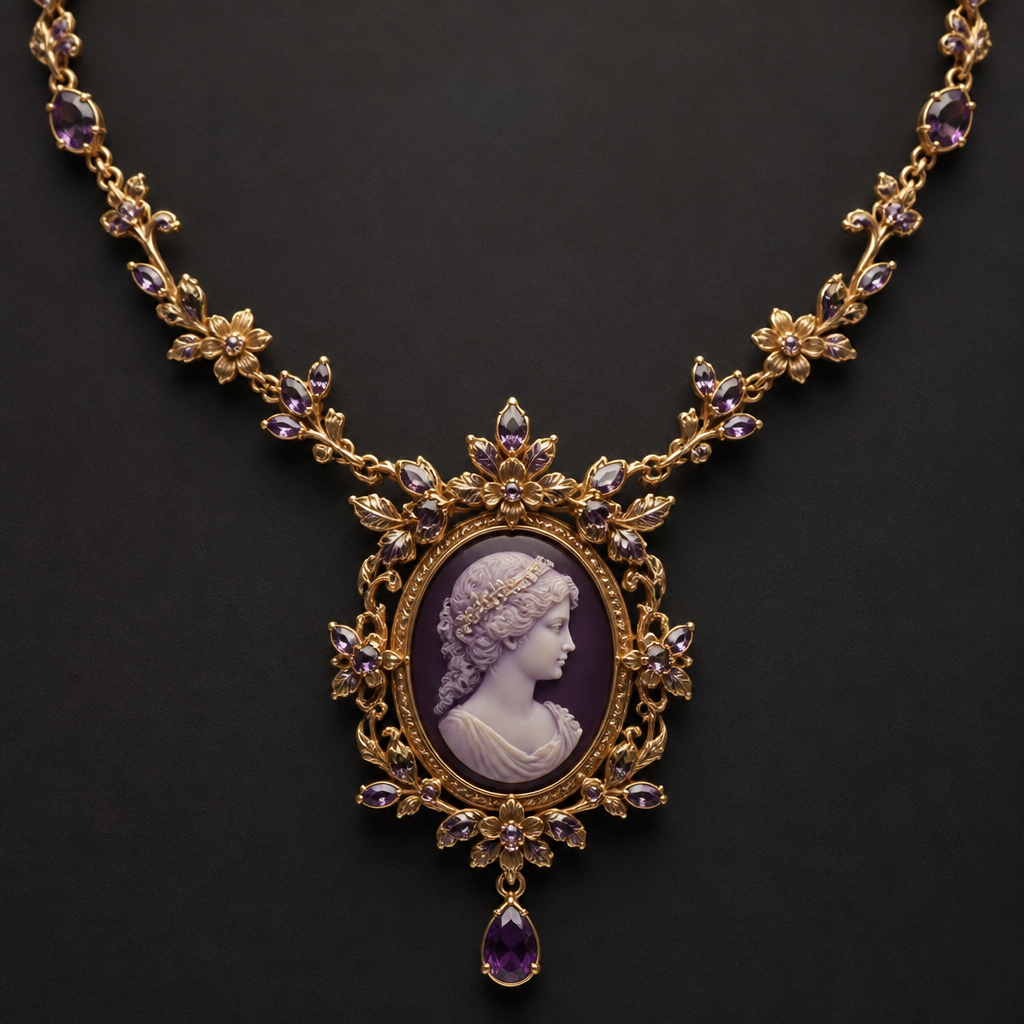 A cameo women's necklace made of gold with amethyst stones suitable for formal, highly ornate, intricate and elaborate, richly detailed. delicado y sencillo pero con ramitas y florecitas
photorealistic jewelry design, A cameo women's necklace made of gold with amethyst stones suitable for formal, highly ornate, intricate and elaborate, richly detailed. delicado y sencillo pero con ramitas y florecitas, cameo style, just the design no text