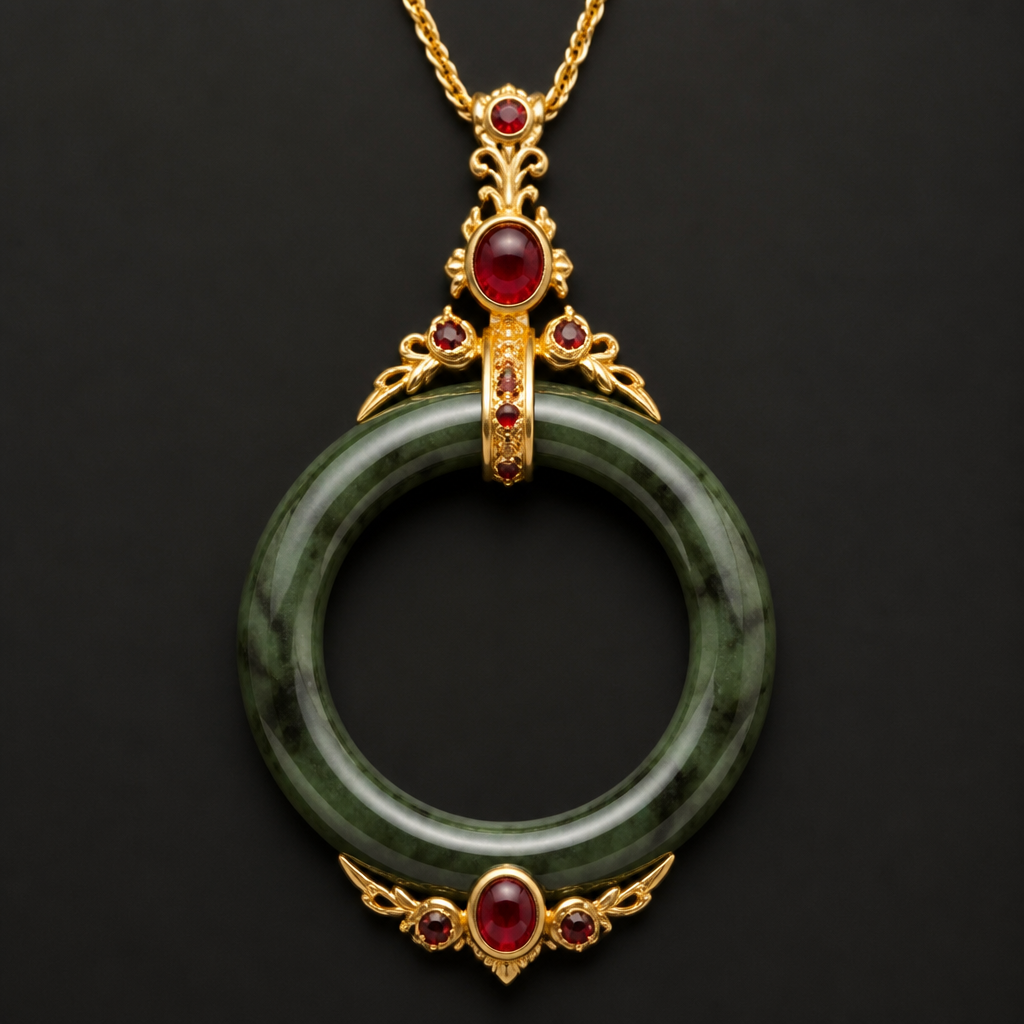 Use red stones and gold to create a pendant using dark green mottled jade 2.25 diameter jade bracelet as the central focal point.
photorealistic jewelry design, Use red stones and gold to create a pendant using dark green mottled jade 2.25 diameter jade bracelet as the central focal point. , bespoke style, just the design no text