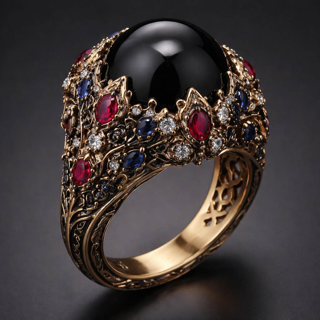 I want a gold band with a black obsidian ball with rubies and diamonds and sapphires on it
I want a gold band with a black obsidian ball with rubies and diamonds and sapphires on it, gothic style