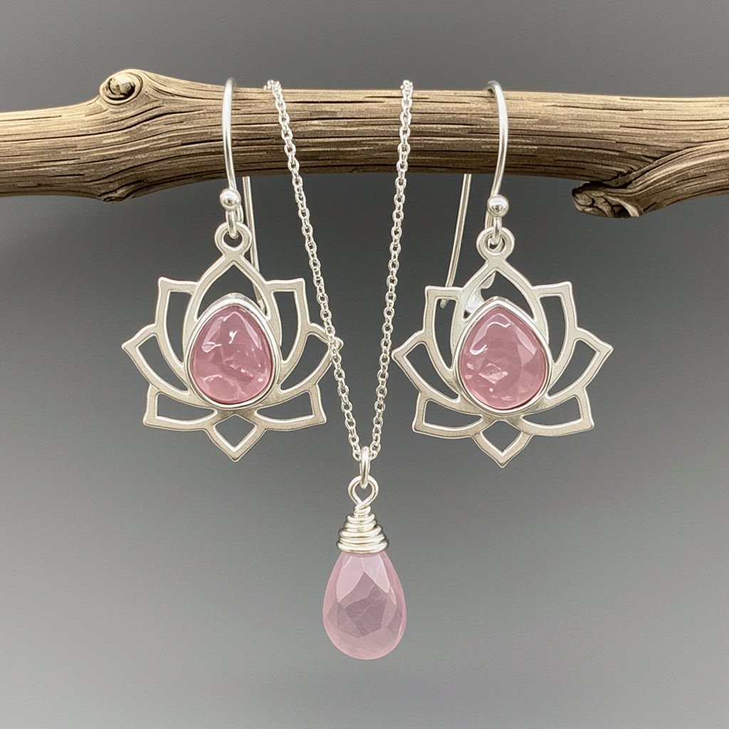 Светлое матовое золото. Серьги с лотосом на длинных цепочках. По центру лотоса камень необрабаботанного розового кварца, от лотоса идет цепочка с еще одним камнем кварца на конце. Серьги тонкие и легкие