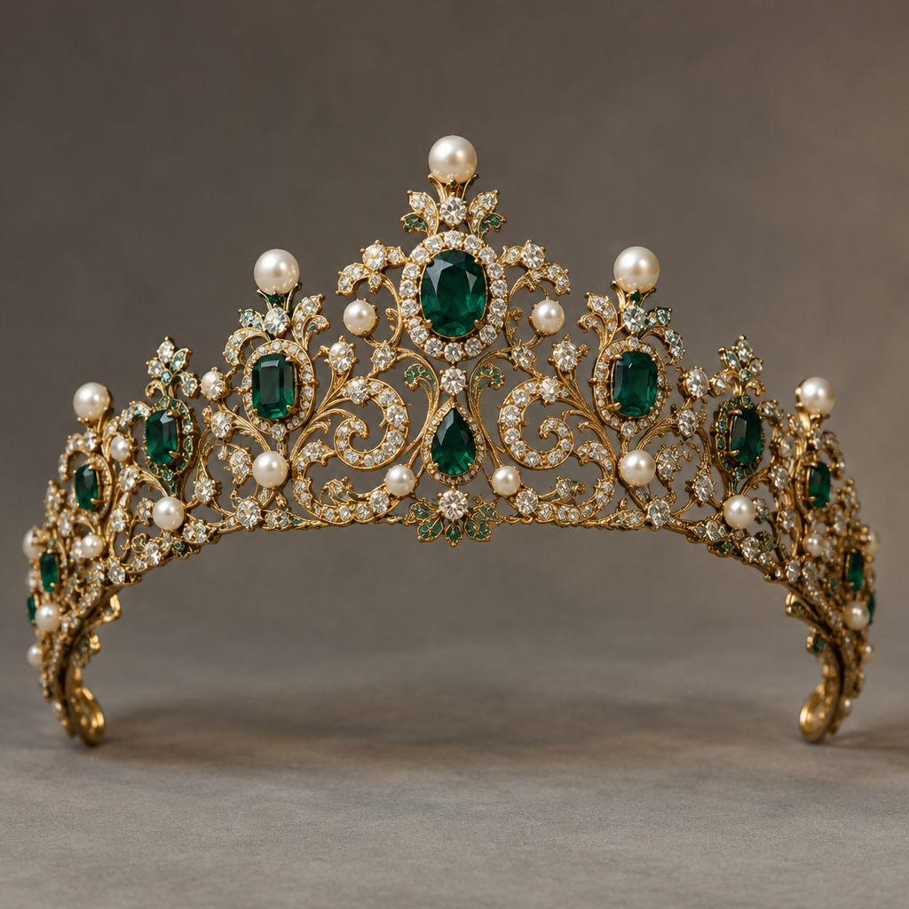 A victorian women's tiara made of gold with pearl and emerald and diamond stones suitable for formal
photorealistic jewelry design, A victorian women's tiara made of gold with pearl and emerald and diamond stones suitable for formal, victorian style, just the design no text