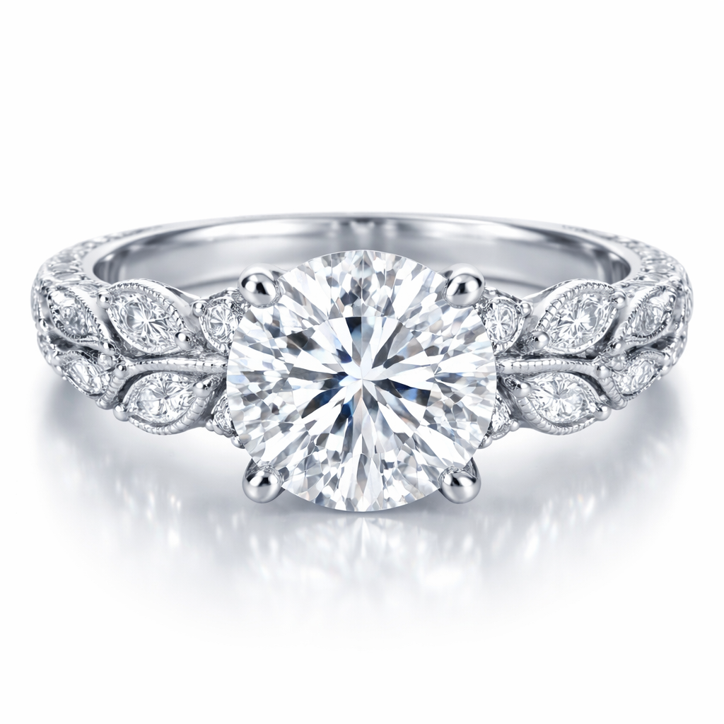 Elegant platinum engagement ring with 3 lab grown best quality diamonds and leaves around the ring.