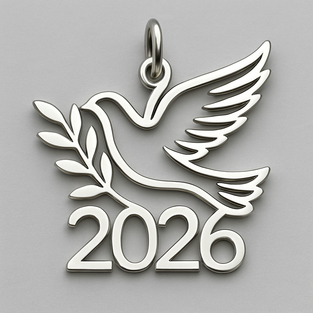 Slim Silver cut-out charm blending together only the two spread out wings of a bird, an olive branch and  along year 2026
