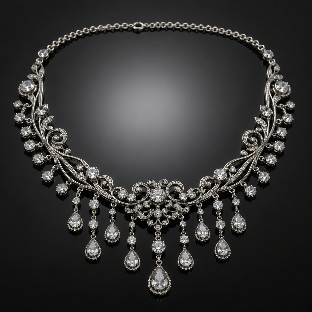 A vintage women's necklace made of silver with diamond stones. silver diamond necklace with dangling gems.. different sizes
photorealistic jewelry design, A vintage women's necklace made of silver with diamond stones. silver diamond necklace with dangling gems.. different sizes, vintage style, just the design no text