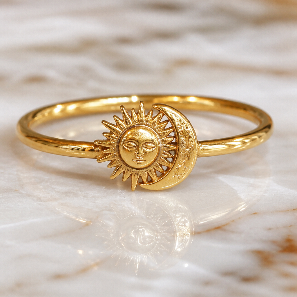 Sun and moon ring, gold stackable
photorealistic jewelry design, Sun and moon ring, gold stackable, estate style, just the design no text