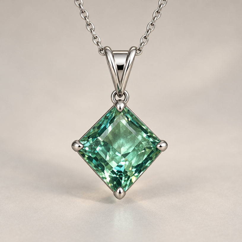 A women's pendant made of white gold. 2.8 ct square in kite shape pendant
using the attached image as a visual reference, create A women's pendant made of white gold. 2.8 ct square in kite shape pendant. photorealistic, just the design no text
