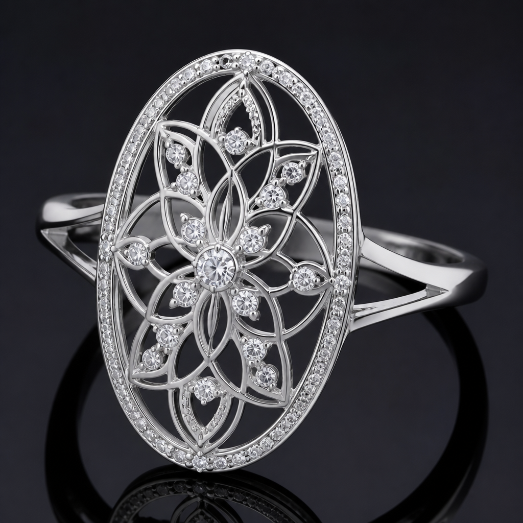 A women's ring made of silver with diamond stones. bague style mandala feminin delicat et metal avec de fine ligne, de forme oval exterieur
photorealistic jewelry design, A women's ring made of silver with diamond stones. bague style mandala feminin delicat et metal avec de fine ligne, de forme oval exterieur, modern style, just the design no text