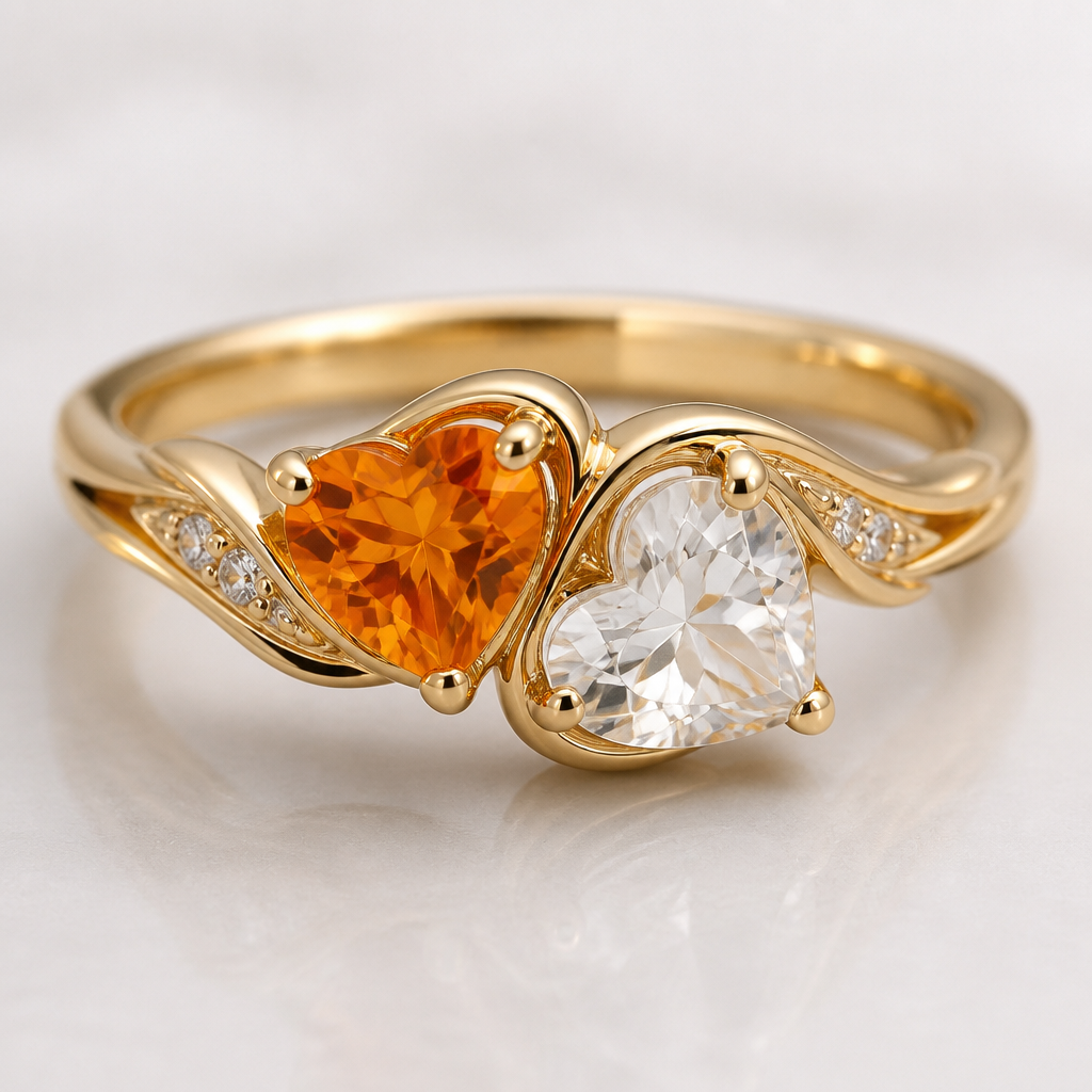 A women's ring, detailed and decorative, moderately ornate. design a ring that will look greate on a size 6 finger with two heart stones being 2ct, the one heart is an orange sapphire and the other heart is an crystal quartz and the band must be gold make it so that it won't catch on stuff but make it unique
photorealistic jewelry design, A women's ring, detailed and decorative, moderately ornate. design a ring that will look greate on a size 6 finger with two heart stones being 2ct, the one heart is an orange sapphire and the other heart is an crystal quartz and the band must be gold make it so that it won't catch on stuff but make it unique, modern style, just the design no text