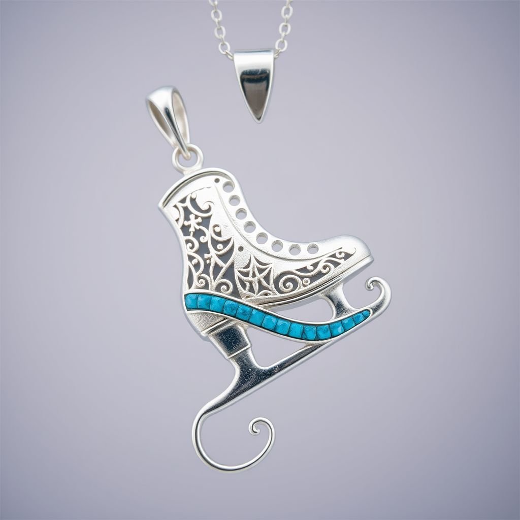 Silver Pendant shape one ice skate with turquoise stripe inside the low thin part blade 