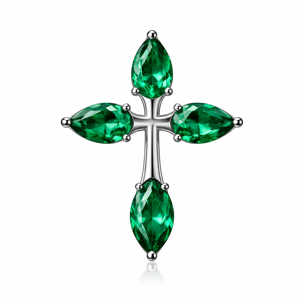 Faceted pear cut emerald white gold cross. NO DIAMONDS