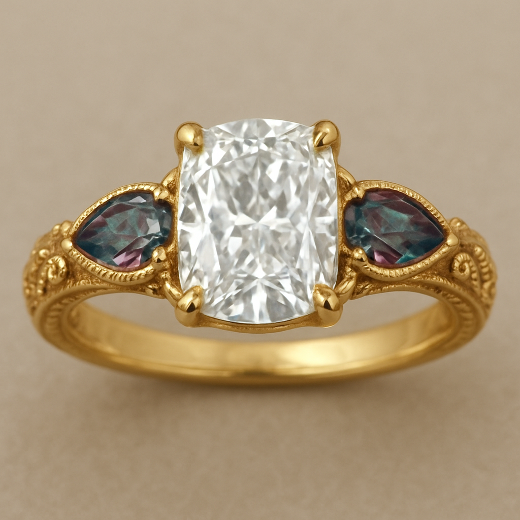 2 carat elongated cushion cut diamond engagement ring with double claw prongs in yellow gold ring with marquise shaped alexandrite side stones