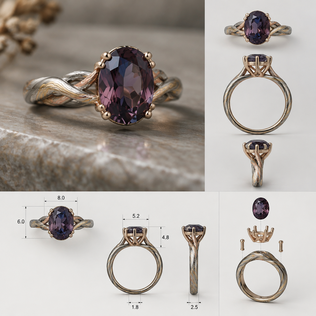A contemporary women's ring made of silver. i would like a ring with a deep dark mauve with blueish reflection oval spinel mounted something feminin and also a tiny bit rustic simplistic and durable also elegant and stylish the shank would be 3 colors silver gold and rose gold in a mokume gane style simple twist with a bascket style mount for the gem
i would like to see a photo reealistic rendering of the piece and also a sketch with detailed measurment and assembling plan
photorealistic jewelry design, A contemporary women's ring made of silver. i would like a ring with a deep dark mauve with blueish reflection oval spinel mounted something feminin and also a tiny bit rustic simplistic and durable also elegant and stylish the shank would be 3 colors silver gold and rose gold in a mokume gane style simple twist with a bascket style mount for the gem
i would like to see a photo reealistic rendering of the piece and also a sketch with detailed measurment and assembling plan, contemporary style, just the design no text