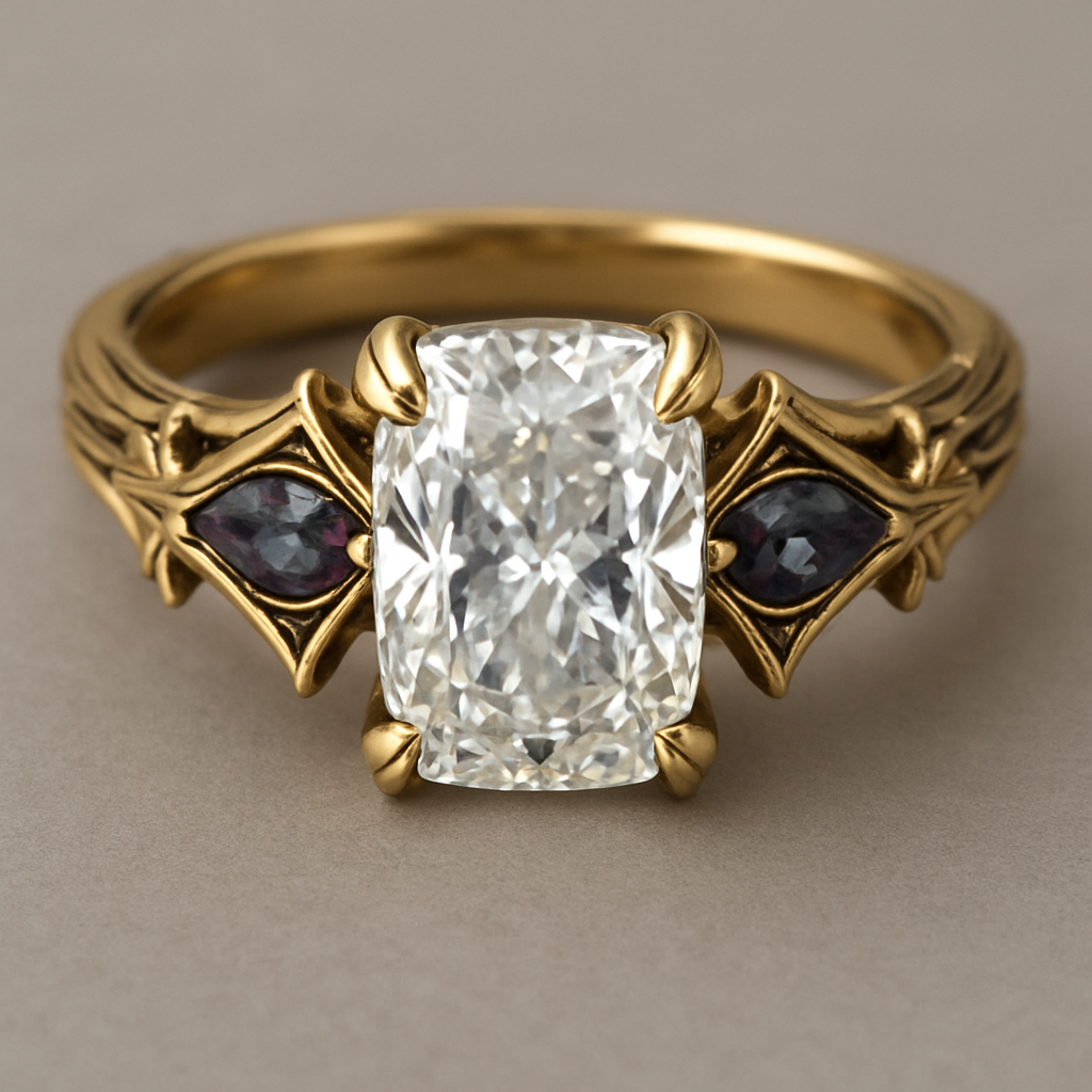 2 carat elongated cushion cut diamond with claw prongs and marquise alexandrite side stones set in a yellow gold flared shank 