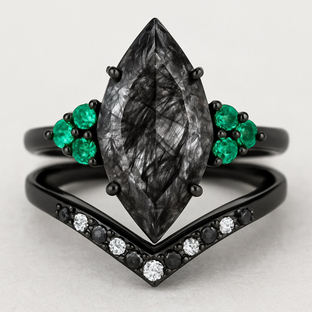 Black band, long kite cut rutilated black quartz, emerald accent stones 3 on each side in a cluster, add a wedding band that curves around the main stone with black and white stones