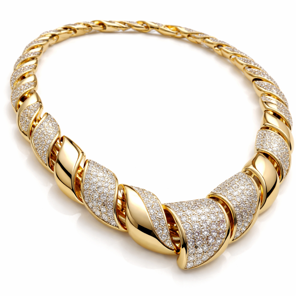 A twist of one necklace which has articulations between the links with diamond and gold