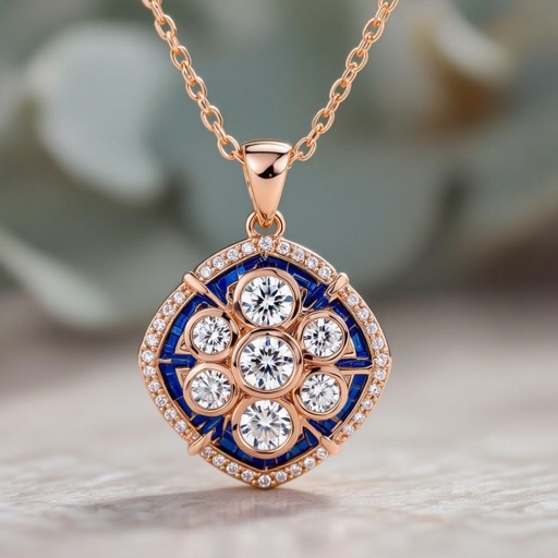 Pendant of different colors Geomatric edge of diamonds shaded of edge element in water background and vibes Rose gold , geometric diamonds, bezel set.  motif, blue enamel. Rose gold , geometric diamonds, bezel set.  motif, blue enamel.