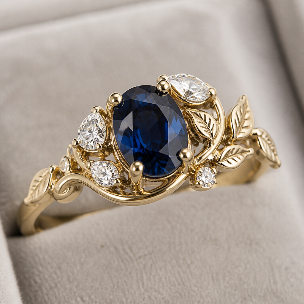 A nature-inspired women's ring made of gold with sapphire and diamond stones suitable for engagement, detailed and decorative, moderately ornate
photorealistic jewelry design, A nature-inspired women's ring made of gold with sapphire and diamond stones suitable for engagement, detailed and decorative, moderately ornate, nature_inspired style, just the design no text