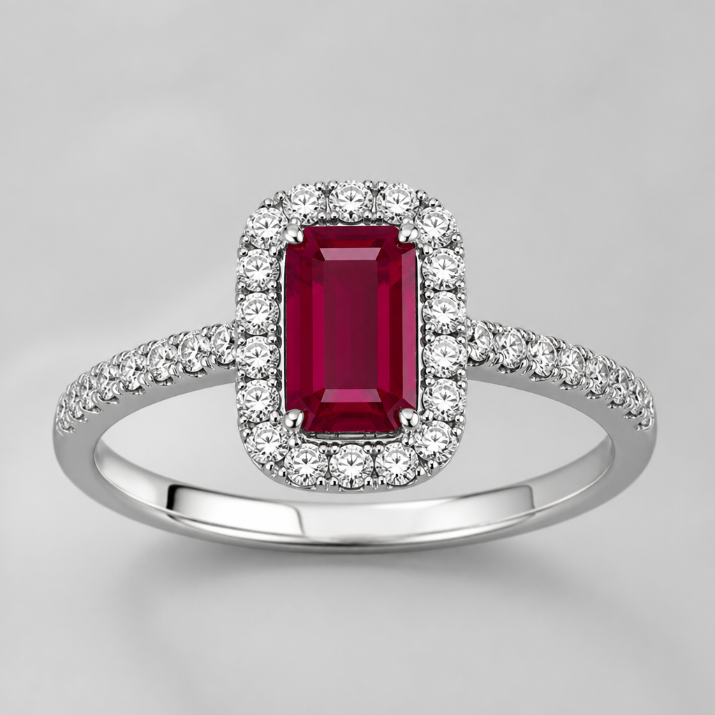 A classic women's ring made of silver with diamond and ruby stones suitable for birthday. anello con rubino rettangolare messo verticalmente con contorno di diamanti montato su oro bianco
photorealistic jewelry design, A classic women's ring made of silver with diamond and ruby stones suitable for birthday. anello con rubino rettangolare messo verticalmente con contorno di diamanti montato su oro bianco, classic style, just the design no text