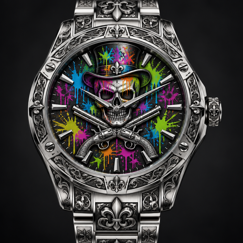 A medieval men's watch made of platinum suitable for formal. a skull with neon graffiti around the skull and pistols crossing
using the attached image as a visual reference, create A medieval men's watch made of platinum suitable for formal. a skull with neon graffiti around the skull and pistols crossing. photorealistic, just the design no text