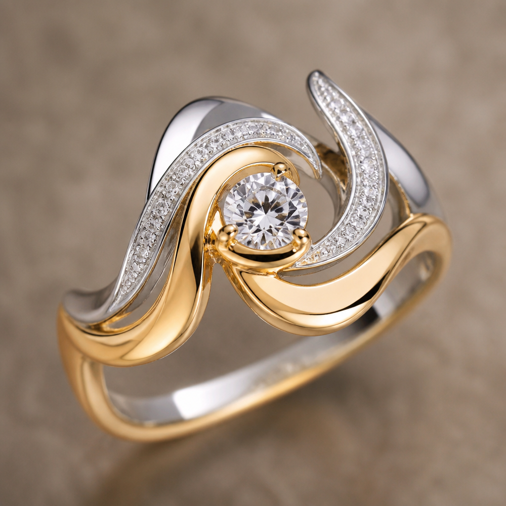 A abstract women's ring made of mixed metal with diamond stones suitable for festival. An extraordinary excellent beautiful delicate and elegant solitaire women ring. Face of the ring.
photorealistic jewelry design, A abstract women's ring made of mixed metal with diamond stones suitable for festival. An extraordinary excellent beautiful delicate and elegant solitaire women ring. Face of the ring., abstract style, just the design no text