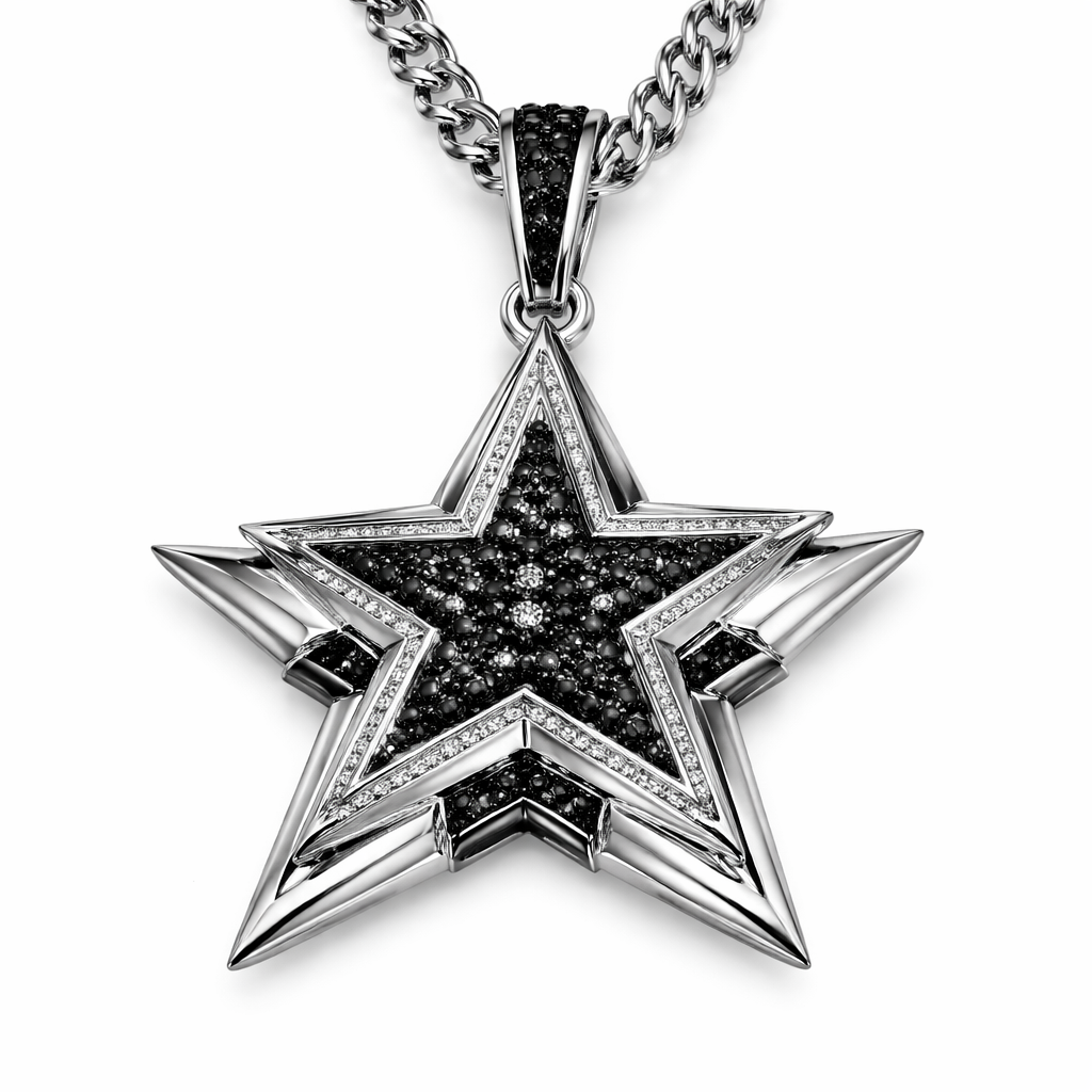 Unique modern edgy pendant with chain for men of Unique design of edges and bold shapes of nice unique star with black diamonds and white diamonds of white background
