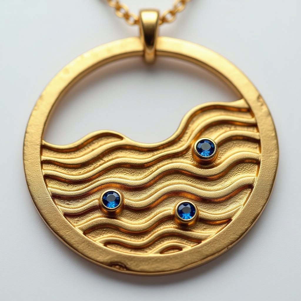 Золотой матовый медальон в форме неровного круга с неровными краями. По краям выпуклые точки сплошной линией. На круге разные волнистые узоры словно волны. Три миниатюрных голубых камушка хаотично расположены в круге