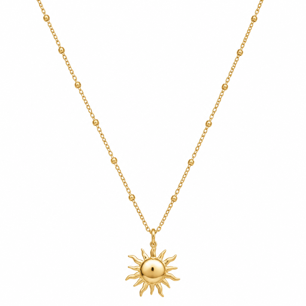 A pendant women's necklace. es un collar muy delicado también tiene un dije en la parte de adelante de un sol en color dorado
photorealistic jewelry design, A pendant women's necklace. es un collar muy delicado también tiene un dije en la parte de adelante de un sol en color dorado, pendant style, just the design no text