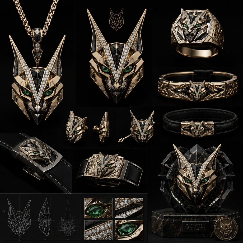Use the attached geometric lynx emblem as the core DNA of a world-class luxury men’s jewelry house.
Preserve the iconic elongated lynx ears, sharp silhouette, and powerful symmetry, but elevate the design into a refined haute joaillerie symbol.
Transform the emblem into a timeless luxury icon that represents power, intuition, protection, leadership, mystery, and rare elegance.
Integrate a hidden "DB" monogram seamlessly within the central geometry, visible only upon close inspection.
Materials:
• 18K champagne gold
• 18K white gold
• Black rhodium accents
• Black diamonds
• White pavé diamonds
• Onyx
• Emerald accents inspired by the lynx gaze
Create a complete luxury collection including:
• Statement pendant
• Signet ring
• Luxury cuff bracelet
• Leather bracelet clasp
• Cufflinks
• Watch clasp
• Tie pin
• Hallmark stamp
• Exclusive collector’s piece
Design direction:
• Ultra-luxury
• Masculine elegance
• Quiet confidence
• Architectural precision
• Timeless heirloom quality
• Old-money sophistication
• Global luxury house aesthetic
• Not tribal
• Not streetwear
• Not biker
• Not esports
• Not fantasy
Presentation style:
• Black background
• Museum-quality product photography
• Luxury design board
• Technical blueprint sketches
• Macro gemstone details
• High-end creative director presentation
• Photorealistic jewelry renders
• Multiple angles and close-ups
Inspired by the level of craftsmanship and prestige found in the world's finest jewelry maisons.
The final result should feel like an iconic luxury symbol that could stand beside Cartier, Boucheron, Bulgari, and Van Cleef & Arpels, while remaining uniquely DEEMA BAYYAA.
photorealistic jewelry design, Use the attached geometric lynx emblem as the core DNA of a world-class luxury men’s jewelry house.
Preserve the iconic elongated lynx ears, sharp silhouette, and powerful symmetry, but elevate the design into a refined haute joaillerie symbol.
Transform the emblem into a timeless luxury icon that represents power, intuition, protection, leadership, mystery, and rare elegance.
Integrate a hidden "DB" monogram seamlessly within the central geometry, visible only upon close inspection.
Materials:
• 18K champagne gold
• 18K white gold
• Black rhodium accents
• Black diamonds
• White pavé diamonds
• Onyx
• Emerald accents inspired by the lynx gaze
Create a complete luxury collection including:
• Statement pendant
• Signet ring
• Luxury cuff bracelet
• Leather bracelet clasp
• Cufflinks
• Watch clasp
• Tie pin
• Hallmark stamp
• Exclusive collector’s piece
Design direction:
• Ultra-luxury
• Masculine elegance
• Quiet confidence
• Architectural precision
• Timeless heirloom quality
• Old-money sophistication
• Global luxury house aesthetic
• Not tribal
• Not streetwear
• Not biker
• Not esports
• Not fantasy
Presentation style:
• Black background
• Museum-quality product photography
• Luxury design board
• Technical blueprint sketches
• Macro gemstone details
• High-end creative director presentation
• Photorealistic jewelry renders
• Multiple angles and close-ups
Inspired by the level of craftsmanship and prestige found in the world's finest jewelry maisons.
The final result should feel like an iconic luxury symbol that could stand beside Cartier, Boucheron, Bulgari, and Van Cleef & Arpels, while remaining uniquely DEEMA BAYYAA., abstract style, just the design no text