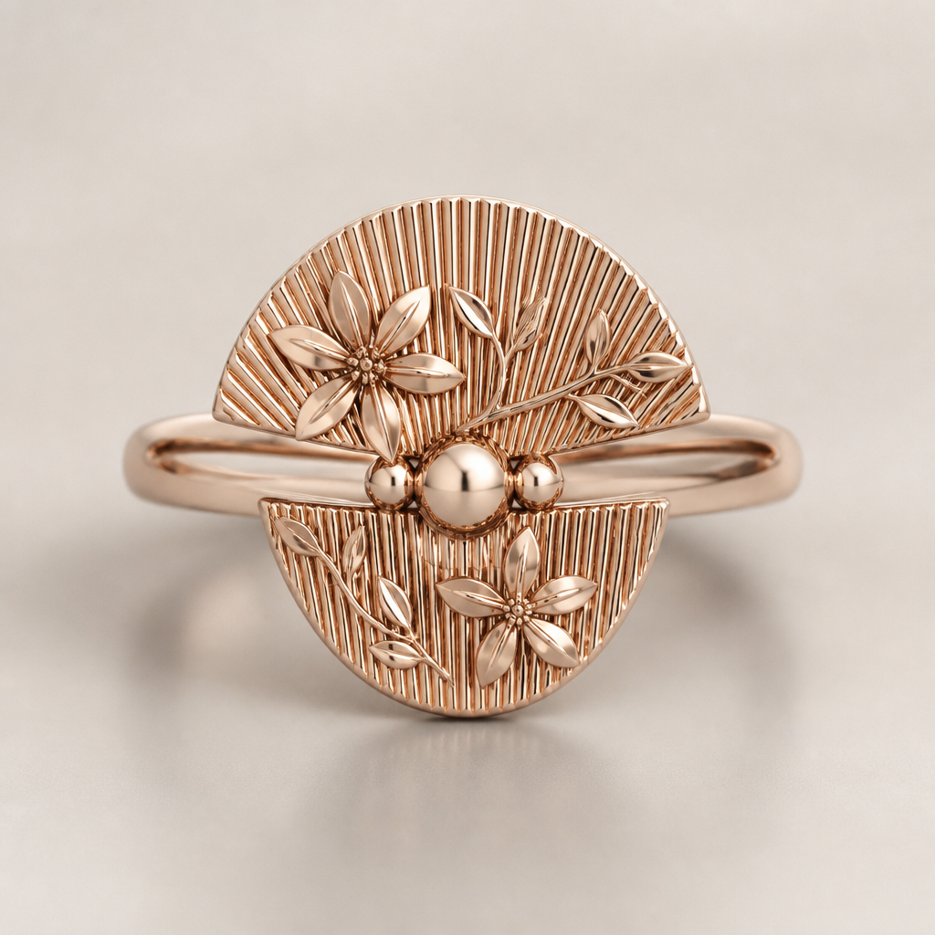 A women's ring. make the upside down semi circle as corrugated lines pattern like as the top piece and add the floral design pattern in it
photorealistic jewelry design, A women's ring. make the upside down semi circle as corrugated lines pattern like as the top piece and add the floral design pattern in it, modern style, just the design no text