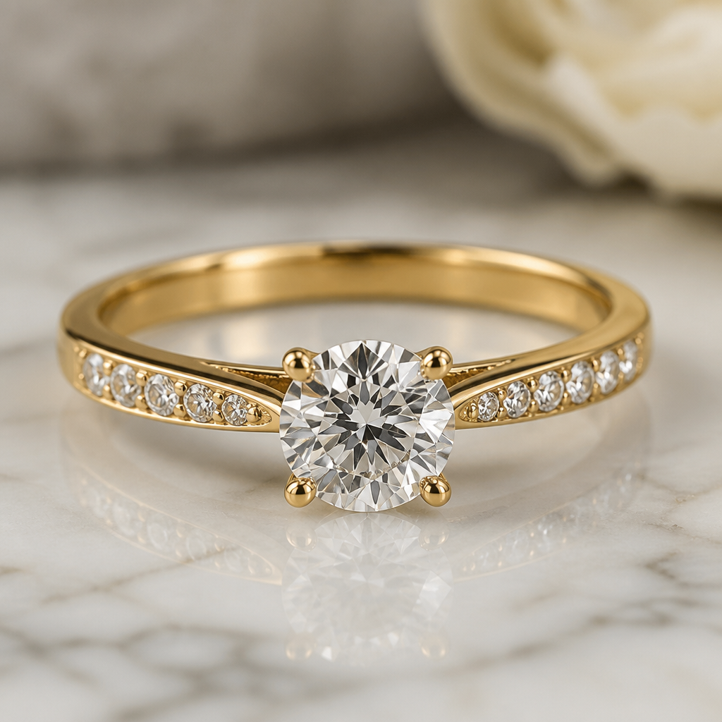 A classic women's ring made of gold with diamond stones suitable for engagement
photorealistic jewelry design, A classic women's ring made of gold with diamond stones suitable for engagement, classic style, just the design no text