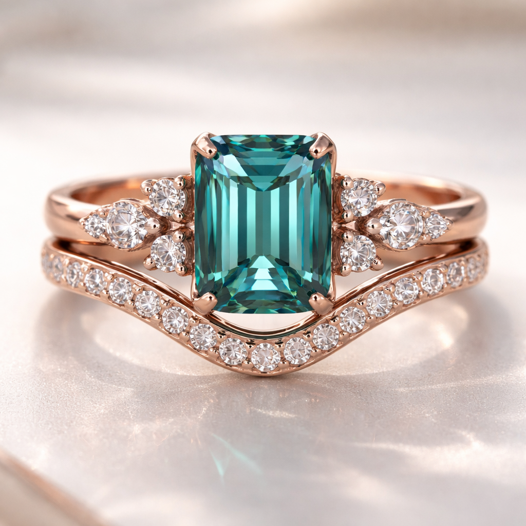 Rose gold emerald cut ring with teal moissiante. Side stones three each side centered on the emerald cut stone two marquise leading to a round stone. Curved rose gold wedding band