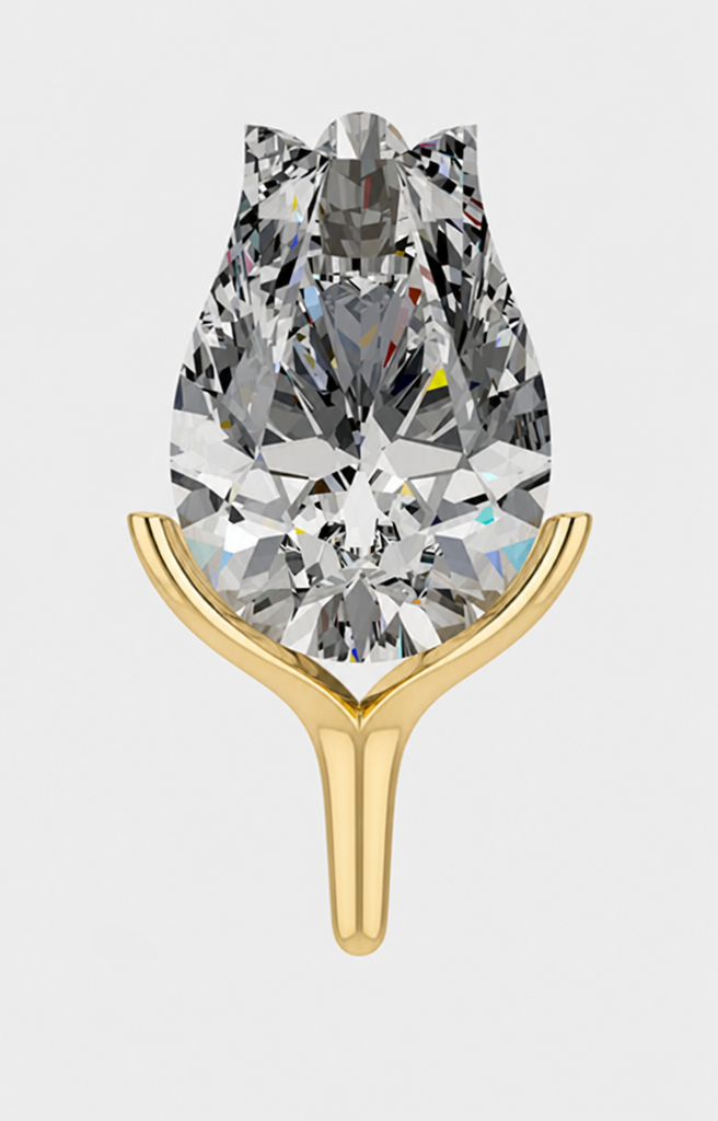 Attached is the exact diamond shape to use. HARD CONSTRAINT, NON-NEGOTIABLE: the crest must remain 100% exposed, no metal touching it. Render a gold pendant setting as short sepals emerging from the stem that curve outward and slightly downward, away from the stone, the way a rose's sepals fold back once a flower is fully open — not cupping or wrapping the stone at all. The sepals touch the stone only at their base, near the stem; the entire body of the stone above that point is fully exposed with no metal along its sides. Below, the sepals converge into a single tapered stem, roughly one-third the stone's height, ending in a smooth rounded tip. Warm yellow gold, clean and smooth, no texture or veining. Photorealistic, plain light background, front elevation.
Attached is the exact diamond shape to use. HARD CONSTRAINT, NON-NEGOTIABLE: the crest must remain 100% exposed, no metal touching it. Render a gold pendant setting as short sepals emerging from the stem that curve outward and slightly downward, away from the stone, the way a rose's sepals fold back once a flower is fully open — not cupping or wrapping the stone at all. The sepals touch the stone only at their base, near the stem; the entire body of the stone above that point is fully exposed with no metal along its sides. Below, the sepals converge into a single tapered stem, roughly one-third the stone's height, ending in a smooth rounded tip. Warm yellow gold, clean and smooth, no texture or veining. Photorealistic, plain light background, front elevation.