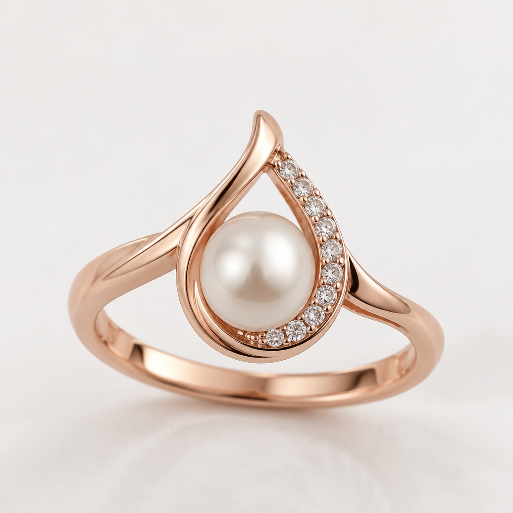 A contemporary women's ring made of rose gold suitable for birthday. teardrop pendant with pearl on centre
photorealistic jewelry design, A contemporary women's ring made of rose gold suitable for birthday. teardrop pendant with pearl on centre, contemporary style, just the design no text